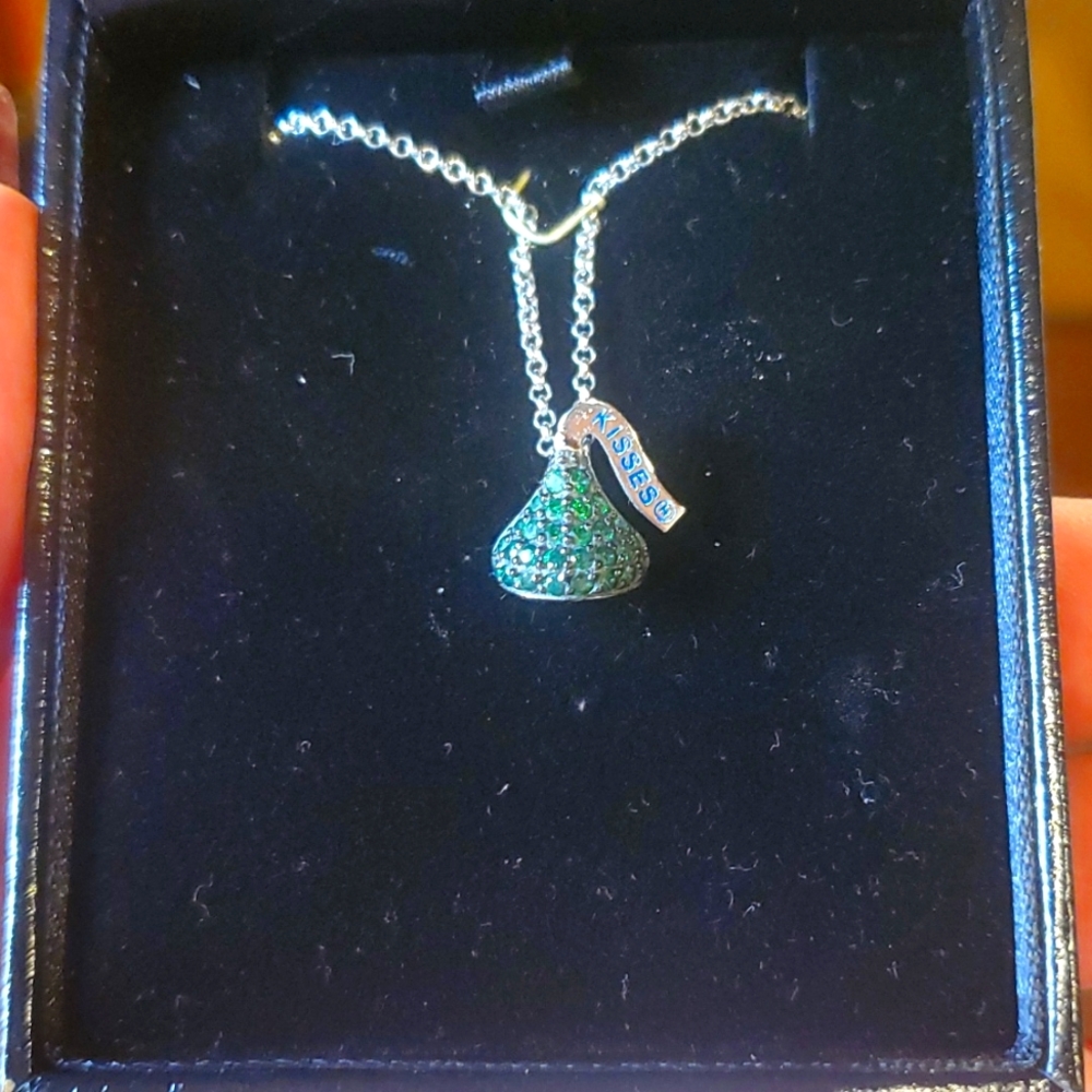 Sterling silver and green CZ Hershey kiss necklace- NIB